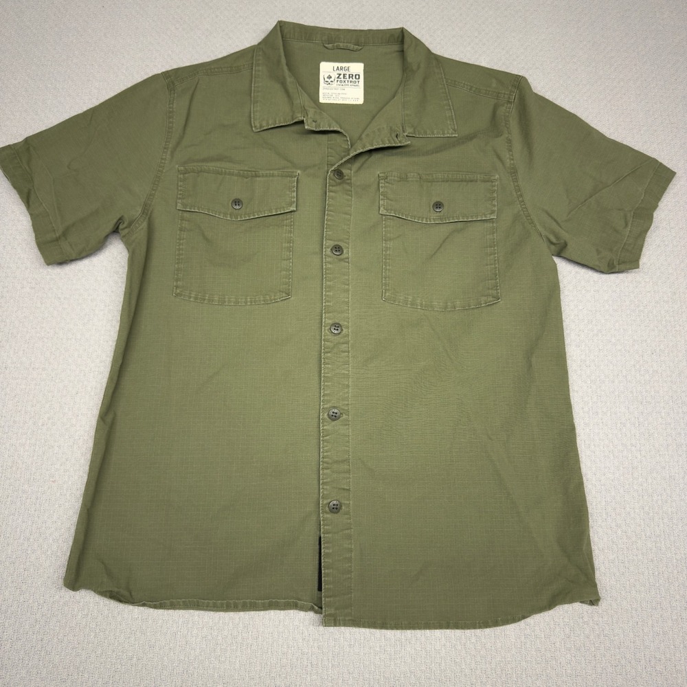 Zero Foxtrot Shirt Mens Large Short Sleeve Army Green Ripstop Cotton Camp Casual